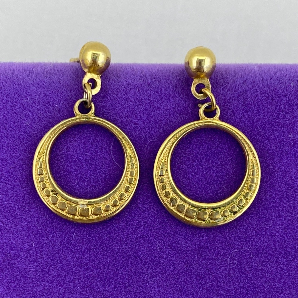 💛 Vintage Gold Tone Textured Circle Drop Post Earrings | Classic Timeless